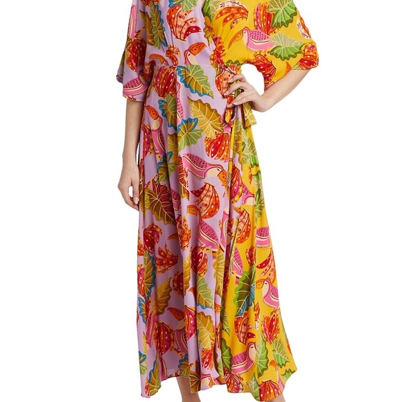 FARM RIO MIXED BEAKS & BANANAS VISCOSE WRAP MAXI DRESS MULTICOLOR SIZE LARGE NEW - Picture 2 of 11